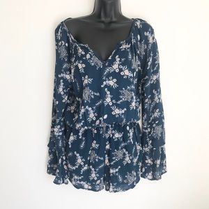 NWT Fraiche by J Floral Ruffle Bell  Romper Blue S
